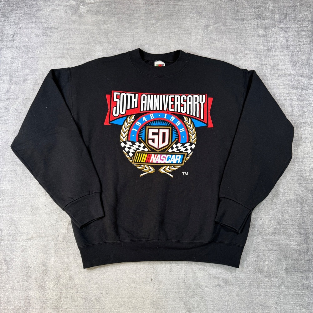 NASCAR Sweatshirt Mens Large Black 50th Anniversary Vintage 1998 Racing Crewneck